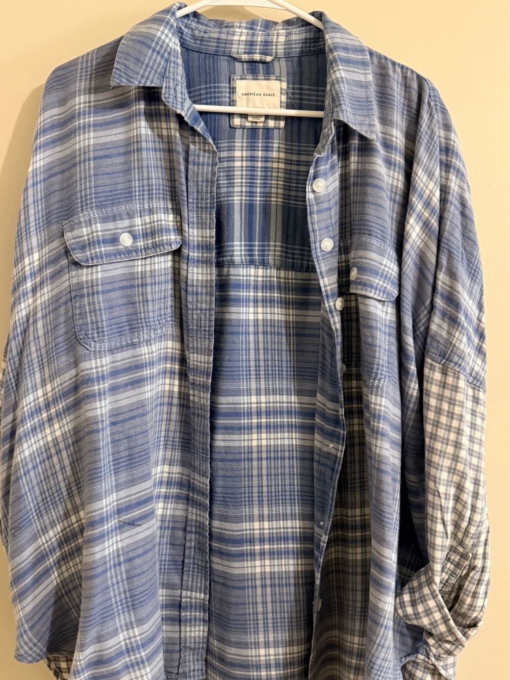 American Eagle Outfitters Light Blue and White Plaid Button-Down Shirt